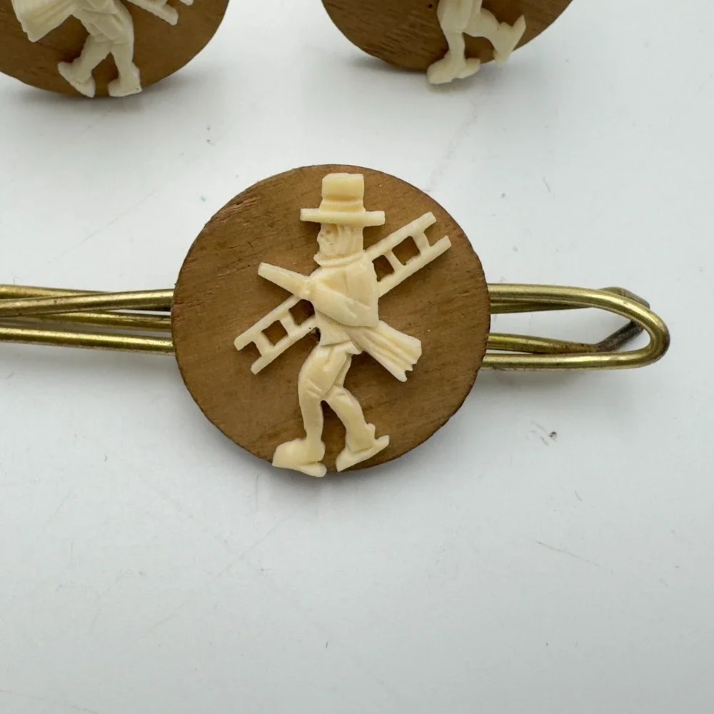 Vintage Cufflinks Tie Bar Set Wood Plastic Chimney Sweep Man Roof Ladder